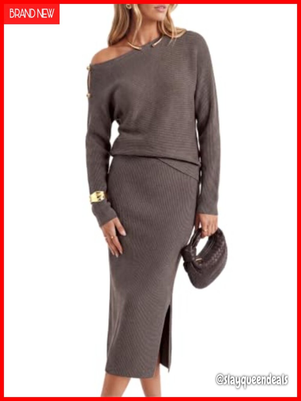 Wool Blend Off Shoulder Sweater Skirt Set Midi 2 Piece